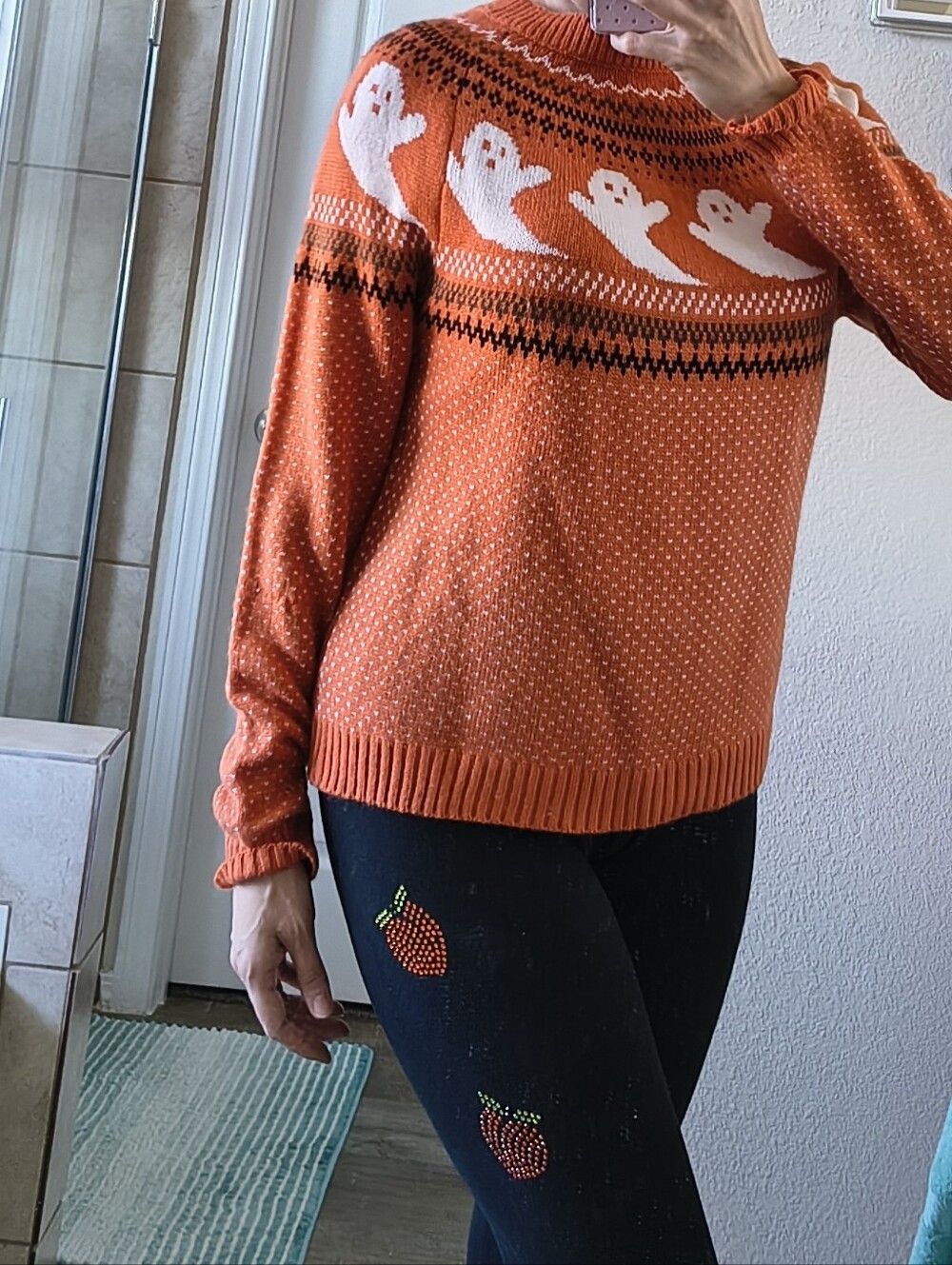 Orange Ghost Pattern Knit Sweater - Women's Halloween Pullover M